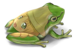  animal ao_usagi blonde_hair bodypaint dokonjou_gaeru female_focus frog from_above from_side full_body green_eyes hat looking_at_viewer md5_mismatch moriya_suwako no_humans revision role_reversal simple_background solo tms_entertainment touhou what white_background 