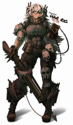  1girl abs absurdres belt boots breasts chain commentary commission fingerless_gloves full_body fur_trim gloves harpoon harpoon_gun highres large_breasts long_hair mad_max mad_max:_fury_road muscular muscular_female original personification red_eyes skull solo standing white_background white_hair zhvo 