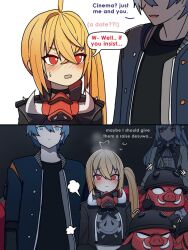  1boy 2girls ahoge black_choker black_jacket black_shirt blonde_hair blue_eyes blue_hair blush center_frills choker dating dorahdew english_text frills grey_hair hair_between_eyes heart heart_ahoge highres jacket luciana_de_montefio lucy&#039;s_crew_(zenless_zone_zero) midriff_peek multiple_girls no_pupils pointy_ears popped_collar red_eyes shirt side_ponytail speech_bubble vivian_banshee wise_(zenless_zone_zero) zenless_zone_zero 