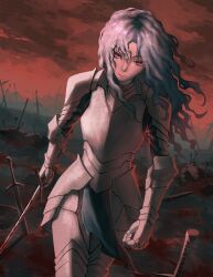  1girl absurdres armor arrow_(projectile) arrow_in_body battlefield blood bloody_weapon closed_mouth cloud cloudy_sky corpse expressionless floating_hair gauntlets grey_hair hair_between_eyes highres holding holding_sword holding_weapon long_hair original red_eyes red_sky sky solo sword tyrezal weapon 