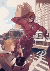  1girl 3boys absurdres back black_hair blonde_hair bodysuit child commentary crosswalk dark-skinned_male dark_skin dc_comics eye_mask gloves highres holding holding_phone multiple_boys orange_hair outdoors phone red_gloves salute shirt short_hair smile steelscarlet superhero_costume surprised the_flash the_flash_(series) twintails vest white_shirt 