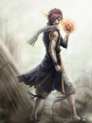  1boy asymmetrical_clothes clenched_hands fairy_tail fairy_tail:_houou_no_miko fairy_tail_houou_no_miko fire full_body looking_at_viewer male_focus natsu_dragneel penator pink_hair profile ruins sandals scarf solo tattoo torn_clothes walking 