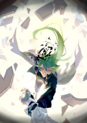  2boys absurdres aotu_world black_gloves black_jacket black_shirt chinese_commentary closed_mouth debris fingerless_gloves floating_hair gloves green_hair hair_between_eyes halo highres holding_another&#039;s_arm jacket long_hair long_sleeves looking_at_viewer low_ponytail macchiato_bi_guanzhong male_focus multicolored_eyes multiple_boys pants pointy_ears ponytail red_eyes shirt smile solo solo_focus xander_(aotu_world) yaoi yellow_eyes 