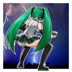  1girl aqua_hair aqua_nails ass back bare_shoulders baseball baseball_bat black_sleeves border bunting_(baseball) cloud dark_clouds detached_sleeves from_behind full_body green_panties grey_shirt hair_ornament hatsune_miku headset holding holding_baseball_bat lightning long_hair metal_baseball_bat nape necktie outside_border panties shirt skirt sleeveless solo squatting striped_clothes striped_panties tamashabu_(tamasyabu) thighhighs twintails underwear very_long_hair vocaloid white_border 