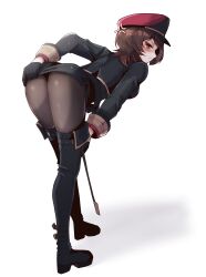  1girl absurdres anger_vein angry ass belt black_belt black_boots black_gloves black_jacket black_skirt black_survival blush boots brown_hair brown_pantyhose covering_ass covering_privates embarrassed estelle_(black_survival) eternal_return:_black_survival from_behind gloves hat highres jacket looking_at_viewer looking_back military_uniform multicolored_hair pantyhose peaked_cap red_eyes red_hat short_hair simple_background singwee skirt skirt_tug solo teardrop thigh_boots white_background 