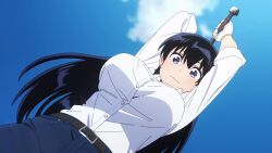  1girl animated anime_screenshot arato_nagi belt black_hair blue_eyes blue_pants bouncing_breasts breasts buttons denim dress_shirt earrings gloves hammer highres holding holding_hammer jeans jewelry large_breasts long_hair outdoors pants rock ruri_no_houseki shirt shirt_tucked_in sleeves_rolled_up smile sound tagme thick_thighs thighs video white_gloves white_shirt wide_hips 