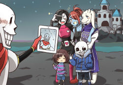  2girls 3boys :d androgynous animal_ears animification big_cat_shan black_hair blue_eyes blush brown_hair castle eyepatch fangs fins frisk_(undertale) furry goat_ears grin head_fins heart horns meme mettaton mettaton_ex monster_girl multiple_boys multiple_girls open_mouth papyrus_(undertale) parody ponytail sans_(undertale) selfie selfie_prank_(meme) shirt shorts smile striped_clothes striped_sweater sweater tablet_pc taking_picture toriel undertale undyne v yellow_eyes you&#039;re_doing_it_wrong  rating:Sensitive score:61 user:danbooru