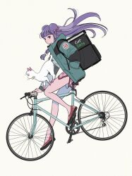  bicycle cat china_dress chinese_clothes double_bun dress dual_persona green_jacket hair_bun highres hiroko_hiyokogm jacket purple_hair ranma_1/2 riding riding_bicycle shampoo_(cat) shampoo_(ranma_1/2) simple_background uber_eats 
