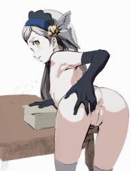  1girl ass bent_over black_gloves bloomers breasts butterchalk closed_mouth completely_nude female_focus gloves grey_hair highres lavenza_(persona_5) loli long_hair nipples nude persona persona_5 persona_5_the_royal pussy small_breasts spreading_own_ass thighhighs uncensored underwear white_background white_gloves white_thighhighs yellow_eyes  rating:Explicit score:60 user:DarthDaniel96