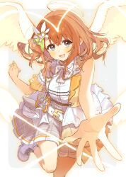  1girl angel angel_wings ankle_boots bare_arms bare_shoulders belt blue_eyes blurry boots bow breasts brown_hair buttons clenched_hand cross-laced_footwear dot_nose feathered_wings flower foot_out_of_frame frills gold_trim grey_eyes hair_between_eyes hair_flower hair_ornament halo hanasato_minori hand_up highres idol_clothes layered_skirt leg_up light_blush light_particles looking_at_viewer medium_hair neck_ribbon open_mouth outstretched_hand pleated_skirt project_sekai ribbon shirt shoes simple_background single_horizontal_stripe skirt sleeveless smile solo standing standing_on_one_leg uminokaisen vest white_background white_bow white_flower white_footwear white_ribbon white_shirt wings 