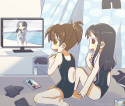  3girls :d barefoot black_hair brown_eyes brown_hair competition_swimsuit dvd_case folded_ponytail from_side full_body ga-rei ga-rei_zero long_hair manabe_miku multiple_girls nm_shirasu one-piece_swimsuit open_mouth original sitting smile swimsuit television wariza watching_television yanase_chizuru 