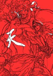  1girl 2boys absurdres akuma_(street_fighter) commentary english_commentary final_fight hat highres hugo_andore lineart long_hair mixed-language_commentary multiple_boys muscular muscular_male peaked_cap poison_(final_fight) red_background red_theme simple_background street_fighter yoshihara_motoki 