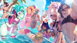  6+boys absurdres ahoge alternate_costume animal_ears aqua_hair aqua_skin artist_collaboration asmo_(matemi) ass back bare_shoulders beach bell bikini black_bikini black_choker black_sclera blonde_hair blue_eyes blue_hair blue_hands blue_sky blush body_markings bracelet brown_hair bulge choker claws cleavage_cutout clothing_cutout cloud colored_extremities colored_sclera colored_skin covered_mouth covering_own_mouth crop_top cropped_shirt crossdressing crossdressing_(mtf) dancer_(gattles) dark-skinned_male dark_skin demon_boy demon_horns elbow_gloves eyepatch facial_mark fangs fingerless_gloves fingernails flower from_behind gattles giri_(zephyr_gales) gloves gold_bracelet gold_necklace green_skin grin hair_flower hair_ornament hair_over_one_eye hand_in_own_hair hand_over_own_mouth hand_up high_ponytail highres holding holding_mask horns innertube jewelry jingle_bell joey_(krekkov) krekkov large_ears large_horns long_hair long_sidelocks looking_at_viewer looking_back male_focus mask matemi mouth_mask mouth_veil multicolored_hair multicolored_skin multiple_boys multiple_necklaces navel neck_bell necklace ocean off-shoulder_bikini off-shoulder_shirt off_shoulder open_mouth original outdoors palm_tree partially_submerged pectoral_cleavage pectorals pink_bikini pink_gloves pink_skin pink_thighhighs pointy_ears ponytail profile qtori revealing_clothes sharp_fingernails shirt short_hair short_hair_with_long_locks short_sleeves sidelocks sky smile sparkle sun sunlight surgical_mask swim_ring swimsuit tail thick_thighs thigh_strap thighhighs thighs trait_connection trap tree two-tone_hair two-tone_skin unworn_mask veil velo_(kitt_betelgeuse) very_long_hair wading water wet white_hair wide_hips yellow_sclera zephyr_gales 