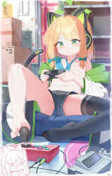  2girls :&lt; animal_ear_headphones animal_ears black_shorts black_thighhighs blonde_hair blue_archive blue_bow blue_necktie bow box cardboard_box cat_ear_headphones cat_ears cat_tail chibi chibi_inset closed_mouth controller fake_animal_ears fake_tail feet flat_chest game_controller green_eyes green_halo hair_bow halo headphones highres holding holding_controller holding_game_controller holding_with_feet hood hood_down hooded_jacket indoors jacket light_blush loli medium_hair midori_(blue_archive) momoi_(blue_archive) motion_lines multicolored_jacket multiple_girls necktie open_clothes open_jacket painter-lhb shorts single_bare_foot single_thighhigh sitting solo_focus tail thighhighs v-shaped_eyebrows whiteboard 