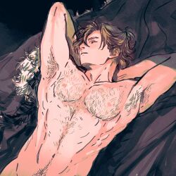  1boy armpit_hair armpits arms_behind_head arms_up breeze_paro cape chest_hair closed_eyes closed_mouth commentary completely_nude cowboy_shot curtained_hair dimitri_alexandre_blaiddyd dimitri_alexandre_blaiddyd_(timeskip) dutch_angle english_commentary fire_emblem fire_emblem:_three_houses fur-trimmed_cape fur_trim hairy highres linea_alba lying male_focus navel nintendo nipples nude on_back pectorals solo unworn_cape white_fur 