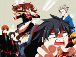  1girl 4boys black_hair black_socks blank_eyes blue_necktie brown_hair convenient_censoring grey_hair hair_between_eyes headband inohara_masato little_busters! loafers long_hair miyazawa_kengo multiple_boys naoe_riki natsume_kyousuke natsume_rin necktie pink_necktie plaid_clothes plaid_skirt red_headband school_uniform shizuki_sayaka shoes sigh skirt socks tears 