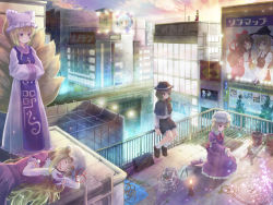  00s 6+girls bad_apple!! bag black_skirt blonde_hair blue_eyes blue_hair blue_sky blush bow bridge capelet circled_9 cirno city city_lights closed_eyes cloud contemporary detached_sleeves dress elbow_gloves flandre_scarlet fox_tail frilled_skirt frills ghost gloves green_hair grey_eyes hair_bow hair_tubes hakurei_reimu hands_in_opposite_sleeves hat hat_with_ears hieda_no_akyuu highres holding_hands ipad izayoi_sakuya japanese_clothes katana kimi_ga_nozomu_eien kimono kirisame_marisa kneeling konpaku_youmu ladder lens_flare lights lily_white long_hair long_skirt lying magic_circle maid maribel_hearn miko miniskirt multiple_girls multiple_tails niichi_(komorebi-palette) on_side one_eye_closed paper pen purple_dress purple_eyes purple_hair purple_skirt railroad_tracks real_world_location remilia_scarlet ribbon-trimmed_capelet ribbon_trim rooftop scenery sega shirt sitting skirt sky skyline smile sunset sword tabard tablet_pc tail thumbs_up tongue tongue_out torii touhou tree usami_renko weapon white_dress window wink witch witch_hat yakumo_ran yakumo_yukari yawning  rating:Sensitive score:17 user:danbooru
