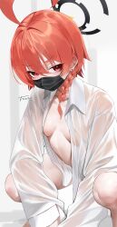  1girl ahoge black_halo black_mask blue_archive blush braid breasts earrings halo huge_ahoge jewelry loli looking_at_viewer mask mole mole_under_eye mouth_mask naked_shirt neru_(blue_archive) not_forever2w open_clothes open_shirt orange_hair oversized_clothes oversized_shirt red_eyes see-through_clothes shirt short_hair side_braid small_breasts solo squatting white_shirt 