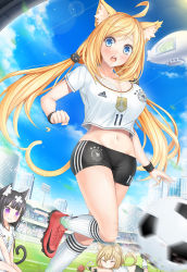  3girls ahoge aircraft animal_ears ball bandaid bike_shorts black_hair blonde_hair blue_eyes blue_sky blush bra breasts brown_hair cat_ears cat_girl cat_tail chibi chibi_inset cleavage crop_top crossed_bandaids day dirigible fang germany groin highres kneehighs large_breasts long_hair looking_at_viewer low_twintails multiple_girls navel nike_(company) open_mouth purple_eyes scrunchie seiza sitting sky small_breasts soccer soccer_ball soccer_field soccer_uniform socks solo_focus sportswear strap_gap sunimu sweat tail tears twintails underwear wardrobe_malfunction white_bra world_cup wristband yarn yarn_ball 