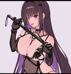  1girl between_breasts breasts choker colored_inner_hair dominatrix goddess_of_victory:_nikke heart heart_choker highres holding holding_whip hyuiil365 large_breasts leather_bikini mihara_(bonding_chain)_(nikke) mihara_(nikke) multicolored_hair o-ring o-ring_top official_alternate_costume solo strap strap_between_breasts whip 
