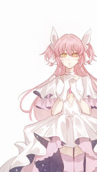  1girl absurdres breasts chinese_commentary commentary_request dress gloves hair_ribbon highres kaname_madoka kaname_madoka_(magical_girl) long_hair looking_at_viewer mahou_shoujo_madoka_magica mahou_shoujo_madoka_magica_(anime) newmanlincoln2 own_hands_together pink_hair ribbon simple_background small_breasts solo thighhighs two_side_up ultimate_madoka very_long_hair white_background white_dress white_gloves white_ribbon white_thighhighs yellow_eyes 