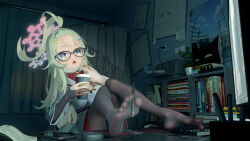 1girl absurdres blue_archive blue_eyes cookie cup desk disposable_cup feet food glasses green_hair highres long_hair meru_(blue_archive) mrito open_mouth pantyhose soles stylus toes rating:Sensitive score:29 user:ssfl