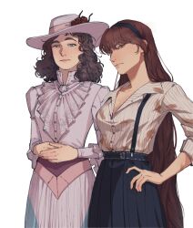 2girls absurdres black_hairband black_skirt brown_hair clair_obscur:_expedition_33 clea_(clair_obscur:_expedition_33) cowboy_shot emma_(clair_obscur:_expedition_33) flower freckles green_eyes hairband hand_on_own_hip hat hat_flower highres ln_(yc24720223) long_hair looking_at_viewer multiple_girls own_hands_together shirt simple_background skirt standing striped_clothes striped_shirt suspender_skirt suspenders very_long_hair white_background white_hat white_shirt