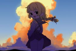  1girl absurdres ass black_eyes black_skirt blue_sky bow braid cloud cowboy_shot criss-cross_back-straps cumulonimbus_cloud fang floating_hair from_behind glasses grey_sailor_collar hair_bow highres long_hair looking_at_viewer monogatari_(series) mountainous_horizon nanahyakuichi_middle_school_uniform neckerchief no_sclera open_mouth orenjipiiru oshino_shinobu petite pleated_skirt pointy_ears red_bow red_neckerchief rimless_eyewear round_eyewear sailor_collar sailor_shirt school_uniform shade shirt sidelocks skirt skirt_flip sky solid_eyes solo thighs twilight v_arms white_shirt 