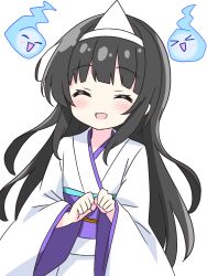  1girl :d ^_^ black_hair blunt_bangs blush closed_eyes commentary_request dot_nose facing_viewer highres hitodama japanese_clothes kimono kotatsu-mazoku long_hair long_sleeves obi open_mouth original purple_sash sash simple_background smile solo triangular_headpiece upper_body white_background white_kimono wide_sleeves 