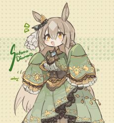  1girl animal_ears blush breasts brown_hair ceroro character_name commentary dress ear_ornament english_commentary frilled_dress frills green_dress grey_hair highres horse_ears horse_girl long_hair long_sleeves looking_at_viewer multicolored_hair notice_lines open_mouth orange_eyes satono_diamond_(umamusume) signature simple_background sleeves_past_fingers sleeves_past_wrists solo umamusume 