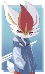 absurdres blouse blue_shirt cinderace clothed_pokemon furry gen_8_pokemon hands_in_pockets highres jacket nintendo pokemon pokemon_(creature) shirt solo syuya rating:Sensitive score:17 user:Dweenie