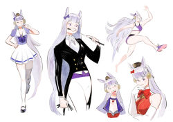  1950s_(style) 1girl alternate_costume animal_ears bow bowtie breasts bridal_gauntlets garrison_cap gold_ship_(umamusume) grey_hair hair_ornament hat horse_ears horse_girl jacket lalage long_hair making_faces mary_janes medium_breasts purple_eyes riding_crop running school_uniform shoes suit_jacket swimsuit thighhighs tongue tongue_out tracen_school_uniform umamusume 
