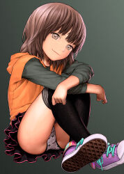 1girl black_skirt black_thighhighs brown_eyes brown_hair closed_mouth crossed_ankles female_focus full_body green_background green_shirt highres hood hood_down hoodie layered_sleeves loli long_sleeves looking_at_viewer medium_hair miniskirt orange_hoodie original over-kneehighs panties pantyshot pinup_(style) print_panties purple_shoes rustle shirt shoes short-sleeved_sweater short_over_long_sleeves short_sleeves simple_background sitting skirt smile sneakers solo sweater thighhighs thighs underwear upskirt white_panties rating:Sensitive score:328 user:danbooru
