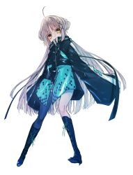  1girl ahoge boots coat commentary_request double_bun enomoto_nao flat_chest full_body grey_hair hair_bun high_collar highres lace-up_boots long_hair looking_at_viewer original simple_background single_thighhigh solo tachi-e thighhighs white_background yellow_eyes 