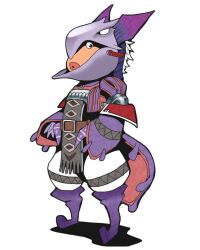  1girl armor boots breastplate commentary_request full_body helmet lips looking_at_viewer monster_hunter_(character) monster_hunter_(series) monster_hunter_portable_2nd_g onikobe_rin pants purple_armor purple_boots simple_background sitting solo white_background white_pants yian_garuga_(armor) 