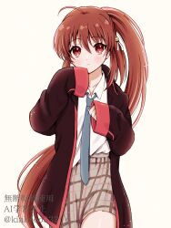  1girl ahoge bell black_jacket blue_necktie blush borrowed_clothes brown_hair closed_mouth collared_shirt commentary cowboy_shot eyelashes frown grey_skirt hair_bell hair_between_eyes hair_ornament hands_up highres jacket jingle_bell little_busters! little_busters!_school_uniform long_hair looking_at_viewer natsume_rin necktie open_clothes open_jacket oversized_clothes oversized_jacket piyo_(kinkooo333) plaid_clothes plaid_skirt pleated_skirt ponytail red_eyes school_uniform shirt sidelocks simple_background skirt sleeves_past_fingers sleeves_past_wrists solo twitter_username very_long_hair white_background white_shirt wide_sleeves 