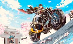 1girl 3boys alternate_costume banchou black_coat black_hat black_jacket blue_helmet cairngorm999 cherry_blossoms coat coat_on_shoulders delinquent facial_mark forehead_jewel glint hat helmet highres jacket mega_man_(series) mega_man_x_(series) mega_man_x_dive motor_vehicle motorcycle multiple_boys official_alternate_costume red_helmet rico_(mega_man) riding school_uniform sigma_(mega_man) solo_focus x_(mega_man) zero_(mega_man) 
