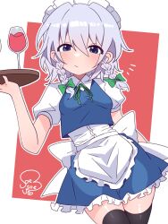  apron black_thighhighs blue_eyes bow braid braided_sidelock commentary frilled_apron frilled_headwear frills glass green_bow highres holding holding_tray izayoi_sakuya looking_at_viewer maid maid_apron maid_headdress outline puffy_short_sleeves puffy_sleeves short_sleeves signature soesoe300 thighhighs touhou tray twin_braids white_hair white_headdress white_outline 