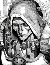  1boy absurdres armor artist_name black_sclera breastplate bright_pupils censer colored_sclera commentary death_guard english_commentary greyscale hatching_(texture) highres hood lizard_hand looking_at_viewer male_focus mask monochrome mortarion open_mouth pauldrons power_armor primarch respirator serious shoulder_armor sunken_cheeks teeth tube upper_teeth_only warhammer_40k white_background white_pupils 