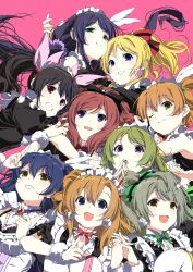  2000s_(style) 6+girls apron ayase_eli black_dress black_hair blonde_hair blue_eyes blue_hair bow bowtie brooch center_frills closed_mouth collared_dress dress earrings faux_retro_artstyle flower_earrings frilled_apron frills green_bow green_bowtie green_eyes green_hair grey_hair grin hair_between_eyes hair_bow hair_ribbon highres hoshizora_rin insomnia_(insomnia_plus) jewelry koizumi_hanayo kosaka_honoka long_hair love_live! love_live!_school_idol_project low_twintails maid maid_apron maid_headdress minami_kotori mogyutto_&quot;love&quot;_de_sekkin_chuu! multiple_girls nishikino_maki one_eye_closed one_side_up open_mouth parted_lips pink_background pom_pom_(clothes) pom_pom_earrings puffy_short_sleeves puffy_sleeves purple_eyes red_bow red_bowtie red_eyes red_hair ribbon short_hair short_sleeves simple_background smile sonoda_umi tojo_nozomi twintails white_apron yazawa_nico yellow_eyes 