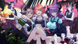  2boys 3girls :d arknights bison_(arknights) blush breasts brown_hair codename47 croissant_(arknights) crossed_legs closed_eyes fang frown green_eyes highres horns large_breasts matterhorn_(arknights) medium_breasts multiple_boys multiple_girls one_eye_closed open_mouth purple_hair red_eyes short_hair sideroca_(arknights) sigh sitting smile sweatdrop tongue very_short_hair vulcan_(arknights) yellow_eyes  rating:Sensitive score:11 user:BRANLIX2000