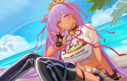  0nineo9 1girl absurdres bare_arms bb_(fate) bb_(swimsuit_mooncancer)_(fate) bb_(swimsuit_mooncancer)_(second_ascension)_(fate) beach bead_bracelet beads belt bikini bikini_under_shorts black_gloves black_shorts black_thighhighs bracelet breasts chibi choker cloud commentary commission dark-skinned_female dark_skin earrings english_commentary fate/grand_order fate_(series) fingerless_gloves fingernails gloves hair_ribbon halterneck highleg highleg_bikini highres jewelry large_breasts light_rays long_hair long_ribbon looking_at_viewer loose_belt micro_shorts navel ocean outdoors palm_leaf panty_straps pink_nails pink_ribbon purple_eyes purple_hair rainbow ribbon shirt shorts silence_suzuka_(umamusume) sitting smile solo special_week_(umamusume) sunlight swimsuit thighhighs umamusume very_long_hair w wet wet_clothes white_shirt 