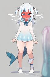  1girl ai-assisted blue_dress blue_eyes blue_hair blunt_bangs blurry blurry_foreground blush bow breasts brittle covered_erect_nipples dildo dress fins fish_tail flat_chest full-face_blush full_body gawr_gura grey_background grey_hair hair_ornament hololive hololive_english loli long_sleeves looking_at_viewer medium_hair multicolored_hair nipples nose_blush open_mouth panties panties_around_leg pussy_juice see-through_clothes sex_toy shark_girl shark_hair_ornament shark_tail simple_background small_breasts socks solo standing streaked_hair sweat tail two_side_up underwear virtual_youtuber white_hair white_panties white_socks 