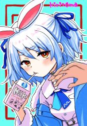  1girl blue_background blue_hair blue_jacket blue_ribbon brown_eyes closed_mouth commentary_request dress drinking_straw fur-trimmed_jacket fur-trimmed_sleeves fur_trim hair_between_eyes hair_ribbon highres holding_carton hololive jacket kiritoma looking_at_viewer milk_carton off_shoulder open_clothes open_jacket pekomon_(usada_pekora) rabbit-shaped_pupils ribbon short_eyebrows signature solo symbol-shaped_pupils thick_eyebrows two_side_up upper_body usada_pekora usada_pekora_(casual) virtual_youtuber white_dress 