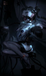  1=2 1girl bdsm black_hair bondage bound bound_arms breast_cutout breasts closed_eyes collar commentary double_bun earrings eyelashes eyeshadow gag garter_belt garter_straps gloves hair_bun highres jewelry latex loli long_hair makeup mascara open_mouth original pasties ring_gag slave small_breasts solo spider_gag stud_earrings thighhighs twintails 