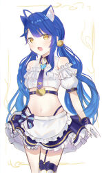  1girl absurdres ahoge amamiya_kokoro amamiya_kokoro_(2nd_costume) animal_ears apron bare_shoulders belt blue_hair blue_skirt cat_ears crop_top detached_sleeves fang frilled_skirt frills garter_straps gloves highleg highres long_hair looking_at_viewer low_twintails midriff miniskirt navel necktie nijisanji official_alternate_costume open_mouth panty_straps shirt short_necktie short_sleeves single_garter_strap skirt sleeveless sleeveless_shirt solo stomach twintails very_long_hair virtual_youtuber waist_apron white_gloves white_shirt wing_collar yellow_eyes zapik 