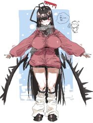  1girl antenna_hair averting_eyes bags_under_eyes black_hair black_shoes black_skirt blue_archive blue_background blush border breasts breath cardigan doodle_inset doodle_sensei_(blue_archive) embarrassed full_body grey_scarf halo highres impossible_clothes impossible_sweater large_breasts leebo_(leeboxxx) leg_warmers loafers long_hair long_sleeves low_wings miniskirt nose_blush open_mouth outside_border outstretched_arms puffy_long_sleeves puffy_sleeves red_cardigan red_eyes scarf sensei_(blue_archive) shoes skirt solo speech_bubble spread_arms standing sweater translation_request tsurugi_(blue_archive) very_long_hair white_border wings 