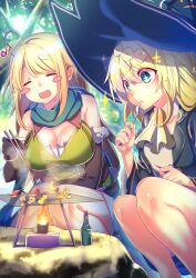  2girls absurdres ahoge aizawa_azusa alcohol_burner armpit_crease ascot black_robe blonde_hair blue_eyes blue_hat blush_stickers bottle braid breasts cleavage closed_mouth cooking dress eating elf eyebrows_hidden_by_hair feet_out_of_frame forest fork green_dress hair_between_eyes halkara_(slime_taoshite_300_nen) hat highres holding holding_fork large_breasts large_hat looking_at_object mepphy01 multiple_girls mushroom musical_note nature open_mouth pointy_ears robe slime_taoshite_300_nen_shiranai_uchi_ni_level_max_ni_nattemashita smile sparkling_eyes spoken_musical_note squatting tree_shade witch witch_hat yellow_ascot 