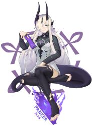  1girl :d absurdres aqua_eyes arknights artist_name between_fingers black_horns black_tail black_thighhighs bridal_legwear chinese_commentary commentary_request feet fingernails fire full_body grin hair_over_one_eye highres holding horns invisible_chair long_hair long_sleeves looking_at_viewer nail_polish necrass_(arknights) no_shoes one_eye_covered open_mouth panzi_panzer purple_fire purple_nails sitting smile solo tail thighhighs toeless_legwear toenail_polish toenails toes torn_clothes torn_thighhighs white_background white_hair 