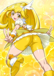 10s 1girl ass bike_shorts bike_shorts_under_skirt blonde_hair blush boots cameltoe cure_peace double_v electricity eyelashes feet female_focus from_behind hair_flaps hair_ornament head_wings joy_ride kise_yayoi knee_boots kneepits legs lightning looking_at_viewer looking_back miniskirt petticoat precure puffy_sleeves shoe_soles shorts shorts_under_skirt skirt smile smile_precure! soles solo v wide_ponytail wings yellow_background yellow_eyes yellow_shorts yellow_skirt yellow_theme rating:Questionable score:40 user:danbooru